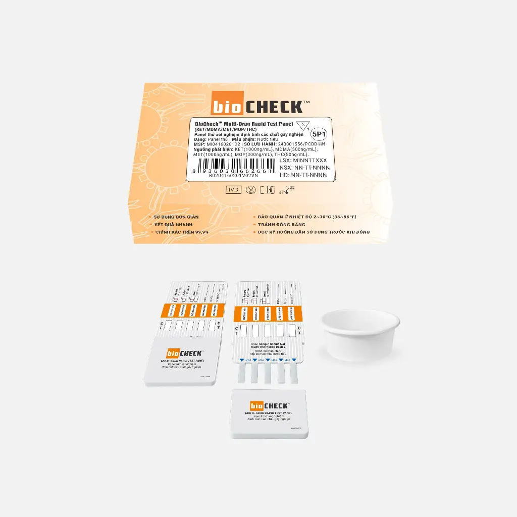 Biocheck™ Multi-Drug Rapid Test Panel (KET/MDMA/MET/MOP/THC) (Hộp 1 Test)