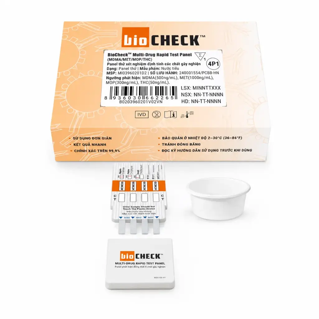 Panel thử xét nghiệm định tính Ecstasy, Methamphetamine, Morphine và Marijuana [Biocheck™ Multi-Drug Rapid Test Panel (MDMA/MET/MOP/THC)]