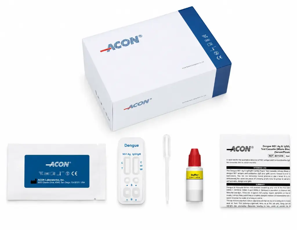 Khay thử xét nghiệm định tính kháng nguyên Dengue NS1 và kháng thể IgM, IgG kháng vi rút Dengue [ACON® Dengue NS1 Ag & IgG/IgM Combo Rapid Test Cassette (Serum/Plasma/Whole Blood)]