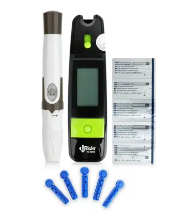 Bộ máy tiểu đường Uright TD 4265-1 gồm: 1 Máy ; 25 que thử tiểu đường; 25 kim chích máu