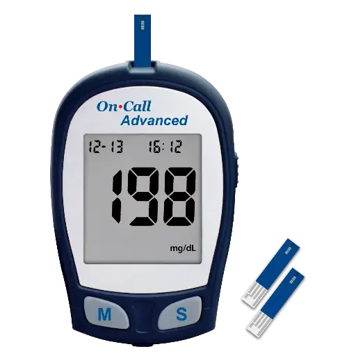 Máy đo đường huyết (Oncall Advanced Blood Glucose Meter), mmol/L kèm que, gồm 01 máy và 01 hộp que 25 (Gói 1)