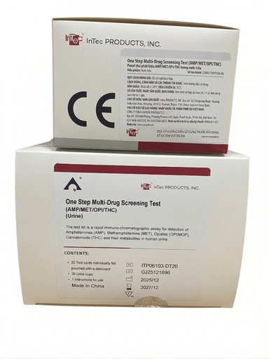 [ITP06103-DT20] One Step Multi-Drug Screening Test (AMP/MET/OPI/THC). Xét nghiệm đ.tính p.hiện Amphetamine (AMP), Methamphetamine (MET), Opiates (OPI/MOP), Cannabinoids (THC) và các chất c.hóa của chúng trong nước tiểu (Hộp 20)